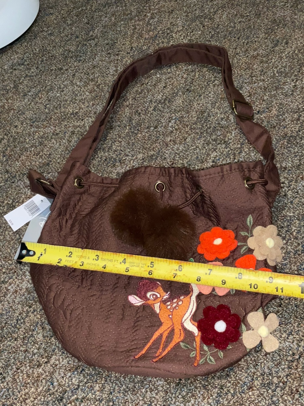 Disney Brown DRAWSTRING CROSSBODY BAMBI EMBROIDERY fur tufts felt flowers NWT
